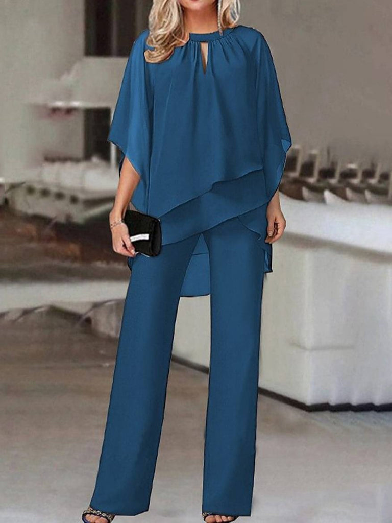 WW | Zweiteilige Sets Rundhalsausschnitt Fledermausärmel Irregulär Oberteile Gerade Hose Damen Lässig Locker Hochzeitsoutfit