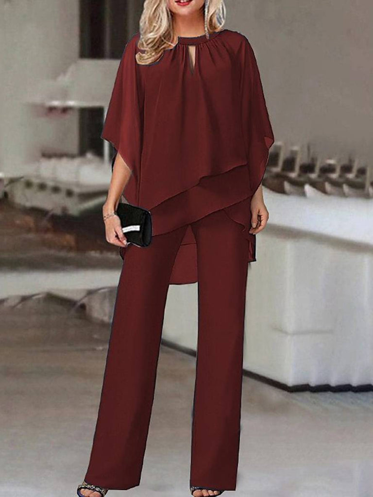 WW | Zweiteilige Sets Rundhalsausschnitt Fledermausärmel Irregulär Oberteile Gerade Hose Damen Lässig Locker Hochzeitsoutfit