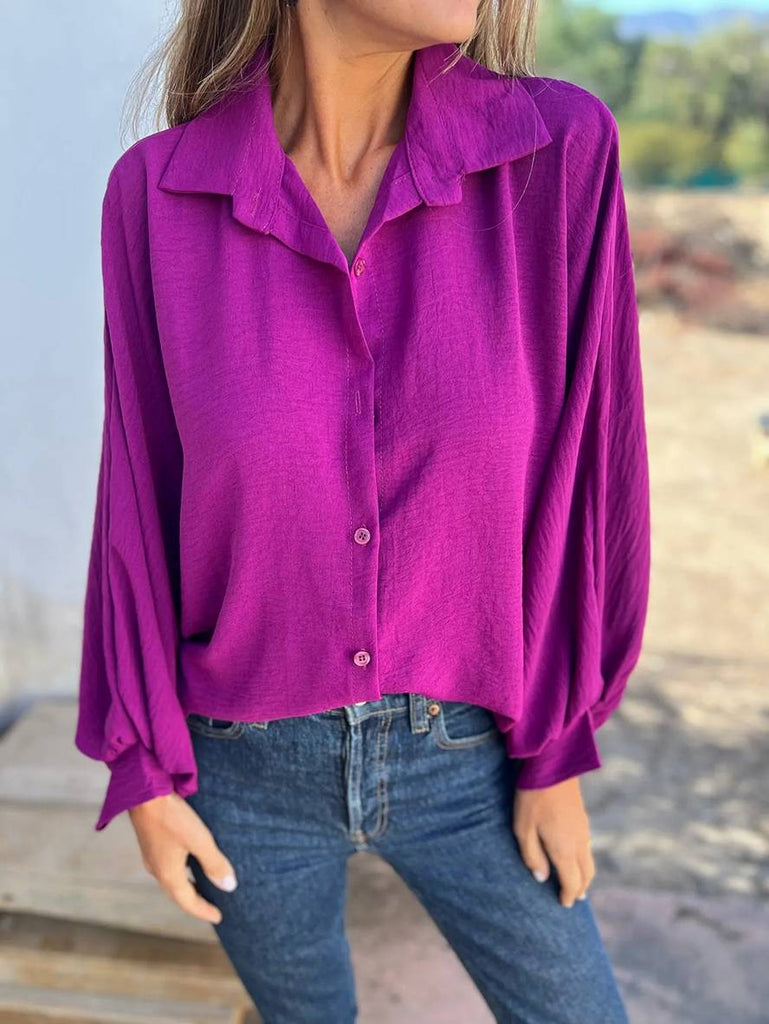WW | Einfarbige Bluse Hemdkragen Fledermausärmel Knopfleiste Damen Legere Bluse