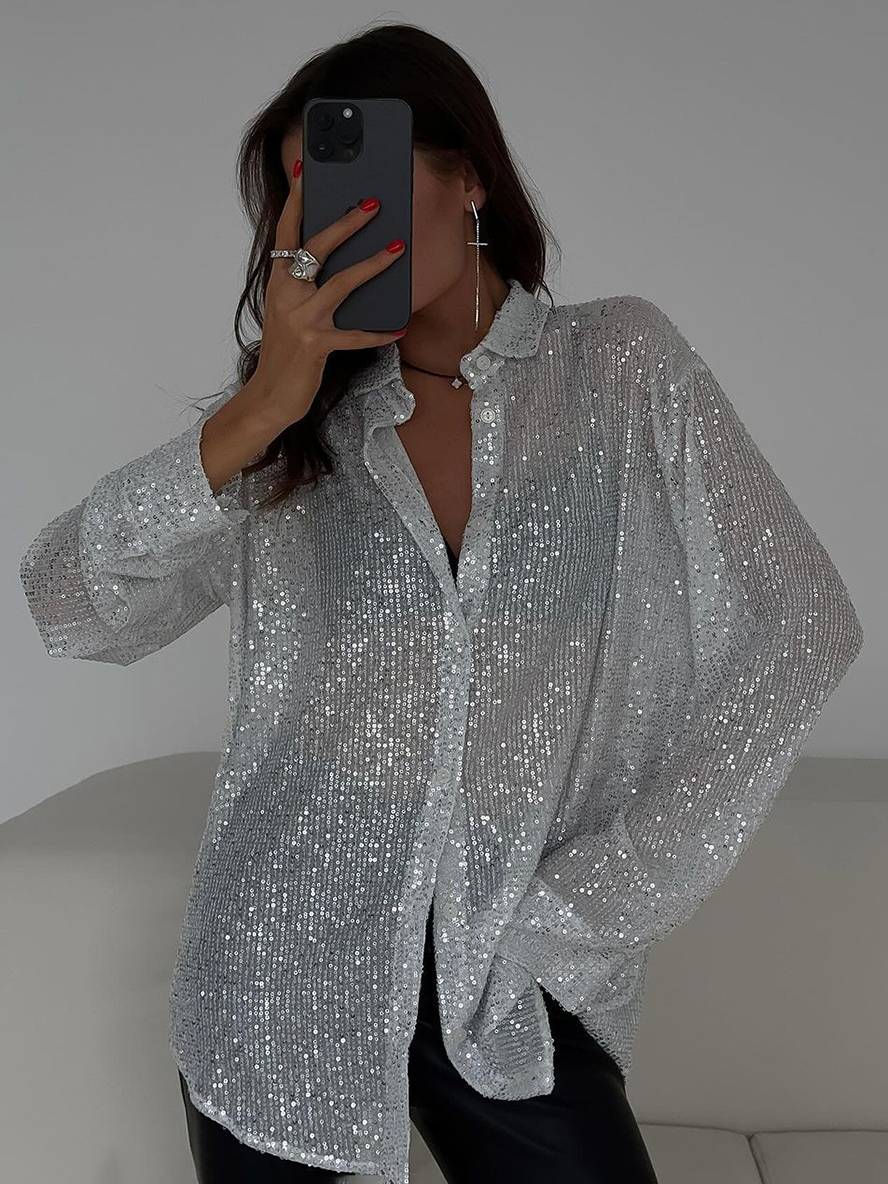 WW | Bluse Brillante Pailletten Hemd Kragen Hemd Lange Ärmel Damen Elegant Lässig Oversized