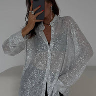 WW | Bluse Brillante Pailletten Hemd Kragen Hemd Lange Ärmel Damen Elegant Lässig Oversized