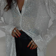 WW | Bluse Brillante Pailletten Hemd Kragen Hemd Lange Ärmel Damen Elegant Lässig Oversized