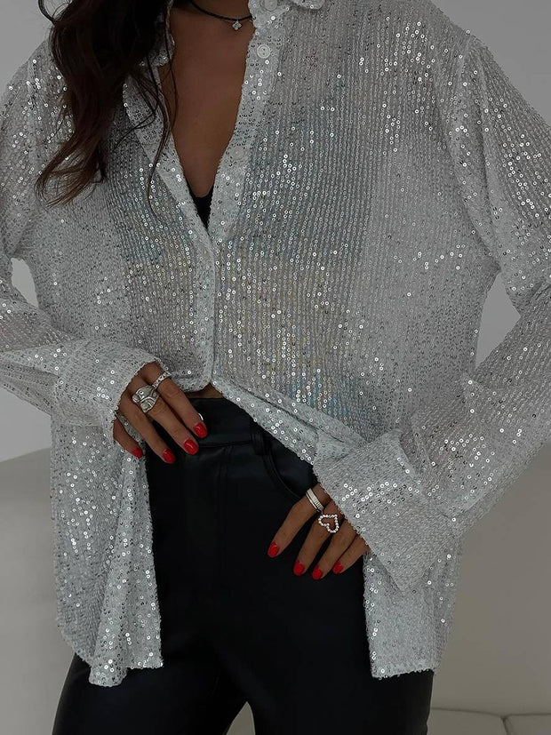 WW | Bluse Brillante Pailletten Hemd Kragen Hemd Lange Ärmel Damen Elegant Lässig Oversized