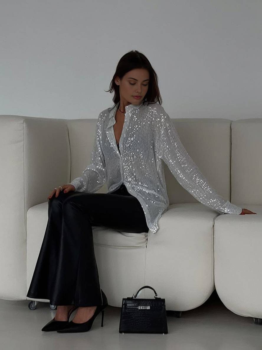 WW | Bluse Brillante Pailletten Hemd Kragen Hemd Lange Ärmel Damen Elegant Lässig Oversized