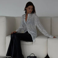 WW | Bluse Brillante Pailletten Hemd Kragen Hemd Lange Ärmel Damen Elegant Lässig Oversized
