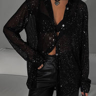 WW | Bluse Brillante Pailletten Hemd Kragen Hemd Lange Ärmel Damen Elegant Lässig Oversized