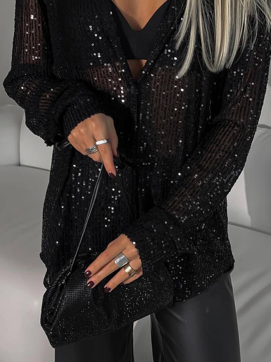 WW | Bluse Brillante Pailletten Hemd Kragen Hemd Lange Ärmel Damen Elegant Lässig Oversized