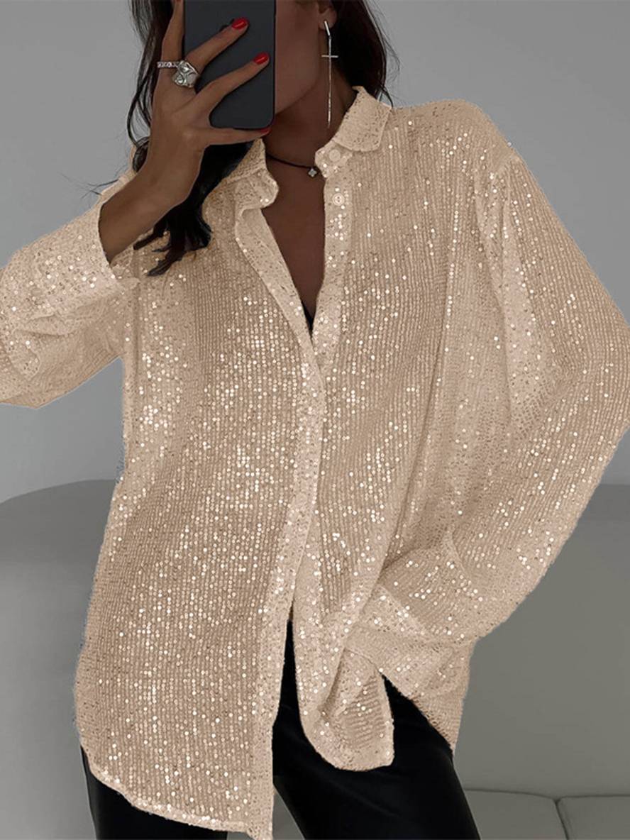 WW | Bluse Brillante Pailletten Hemd Kragen Hemd Lange Ärmel Damen Elegant Lässig Oversized