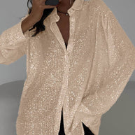 WW | Bluse Brillante Pailletten Hemd Kragen Hemd Lange Ärmel Damen Elegant Lässig Oversized