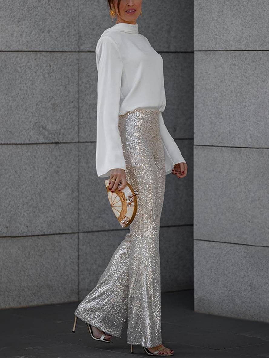 WW | Bluse Offene Rückseite Satin Rückenfrei Lange Ärmel Damen Elegant Leger Hemd