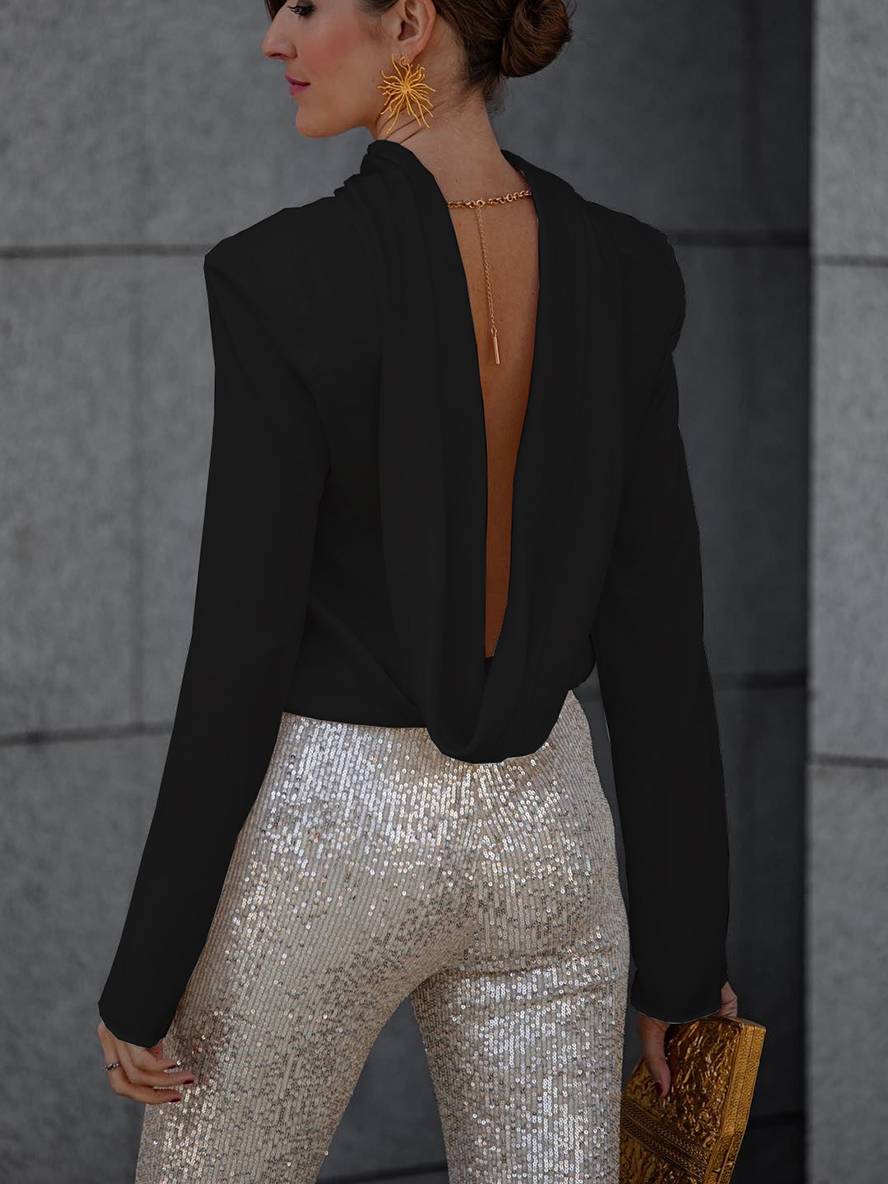 WW | Bluse Offene Rückseite Satin Rückenfrei Lange Ärmel Damen Elegant Leger Hemd