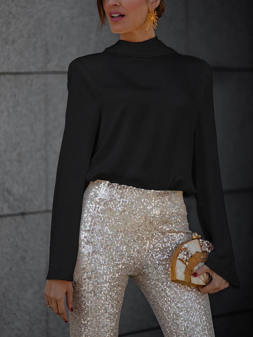 WW | Bluse Offene Rückseite Satin Rückenfrei Lange Ärmel Damen Elegant Leger Hemd