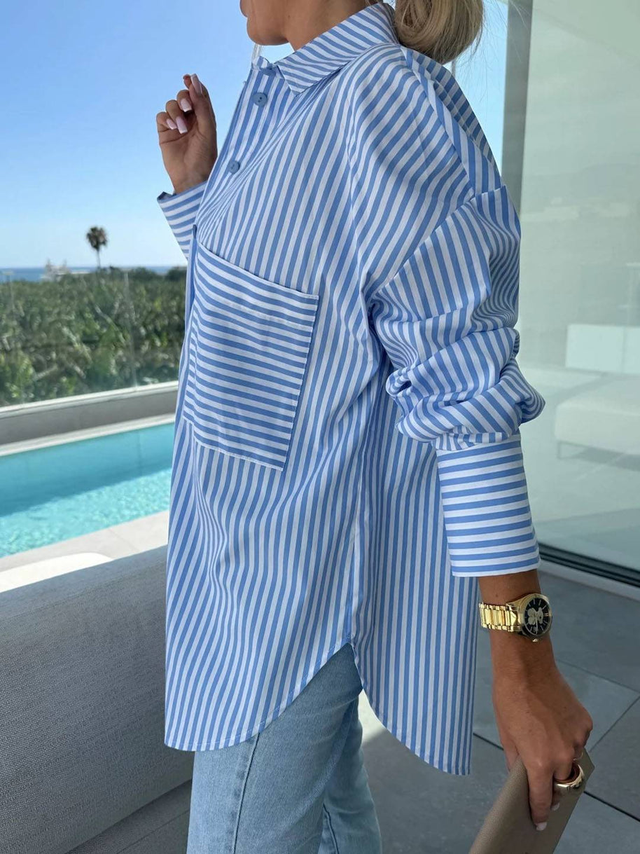 WW | Gestreifte Bluse Button-Up Shirt Kragen Lange Ärmel Frauen Elegant Maßgeschneidert Freizeit Übergrößen