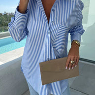 WW | Gestreifte Bluse Button-Up Shirt Kragen Lange Ärmel Frauen Elegant Maßgeschneidert Freizeit Übergrößen