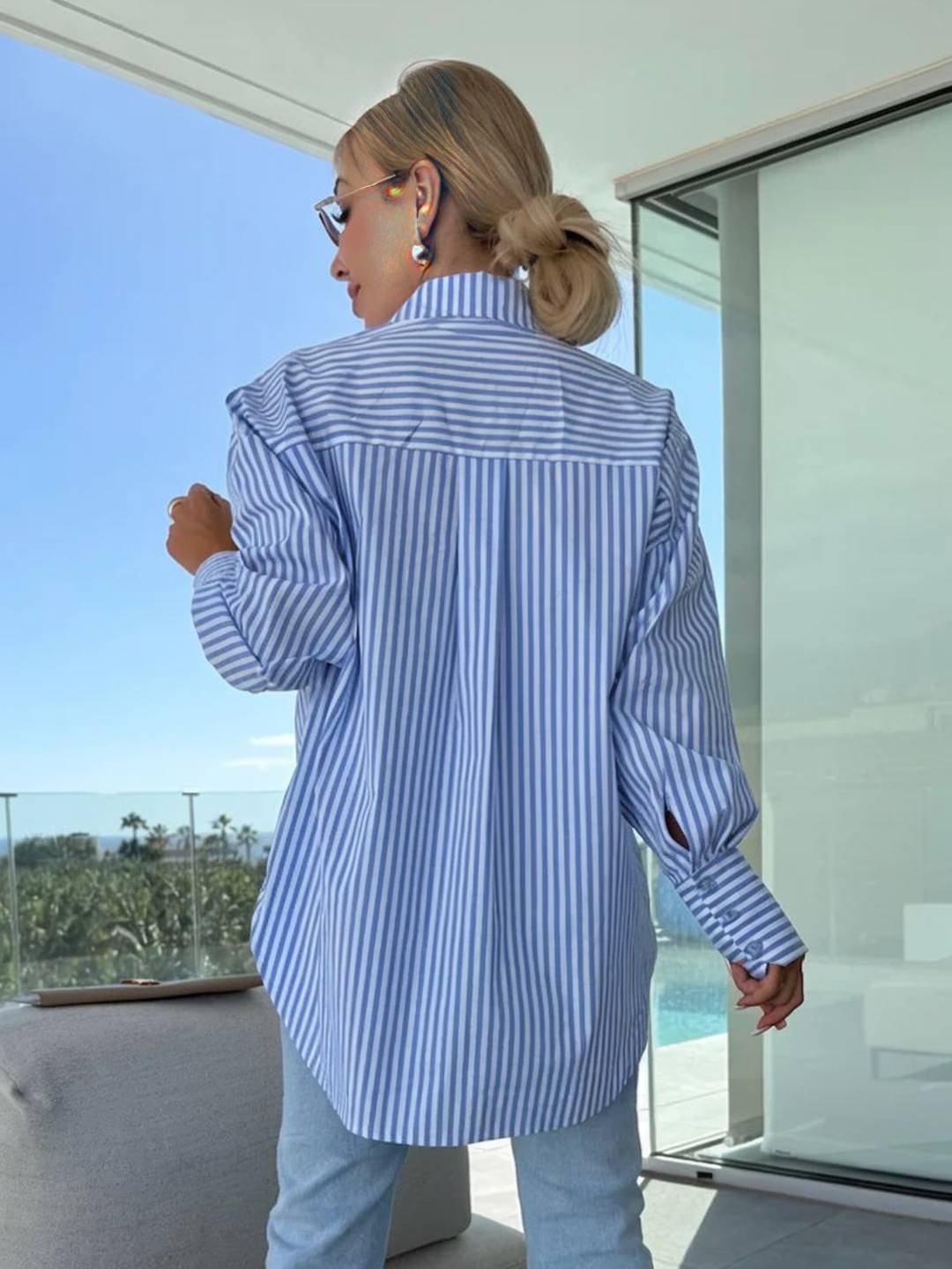 WW | Gestreifte Bluse Button-Up Shirt Kragen Lange Ärmel Frauen Elegant Maßgeschneidert Freizeit Übergrößen