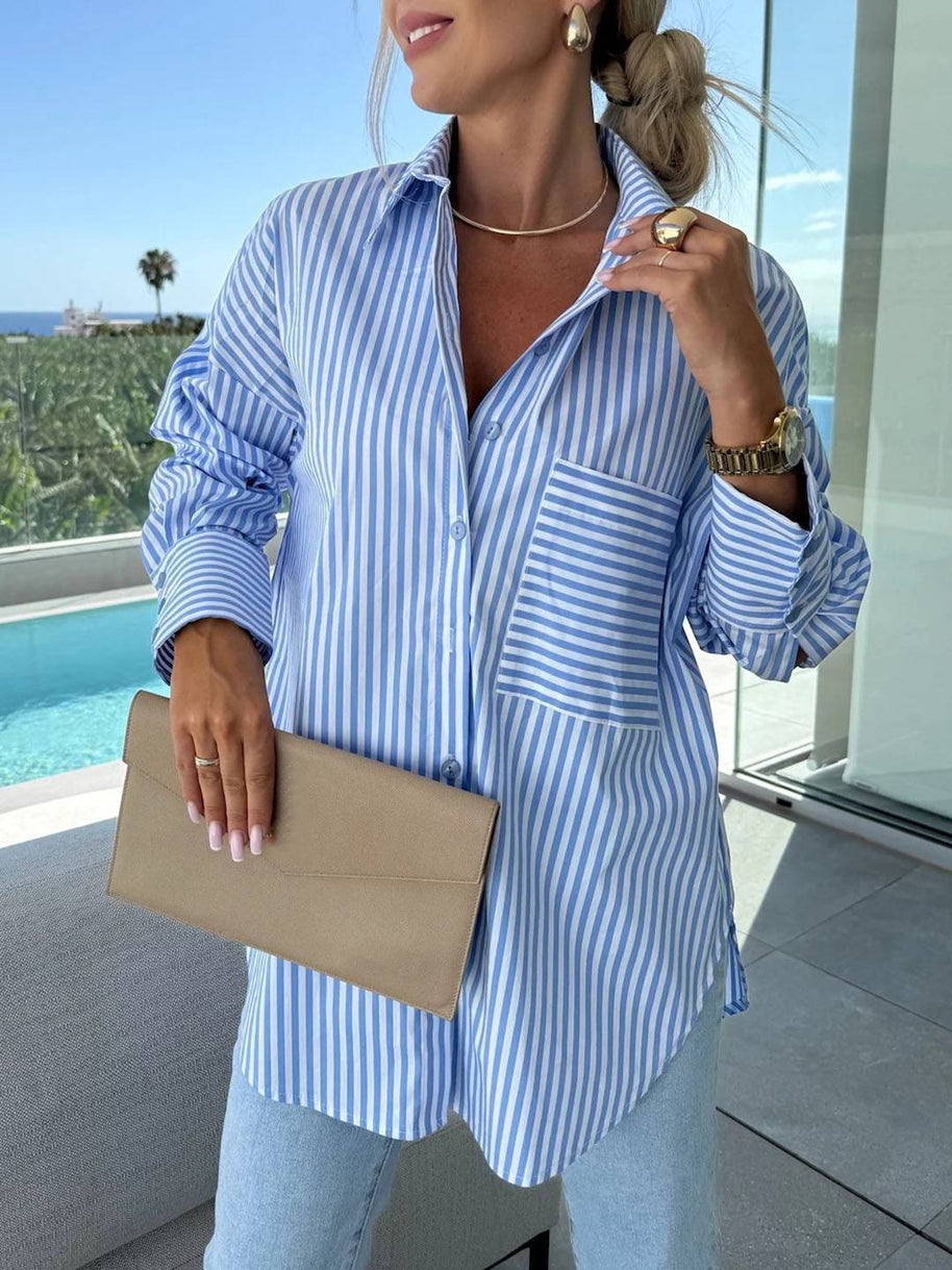 WW | Gestreifte Bluse Button-Up Shirt Kragen Lange Ärmel Frauen Elegant Maßgeschneidert Freizeit Übergrößen