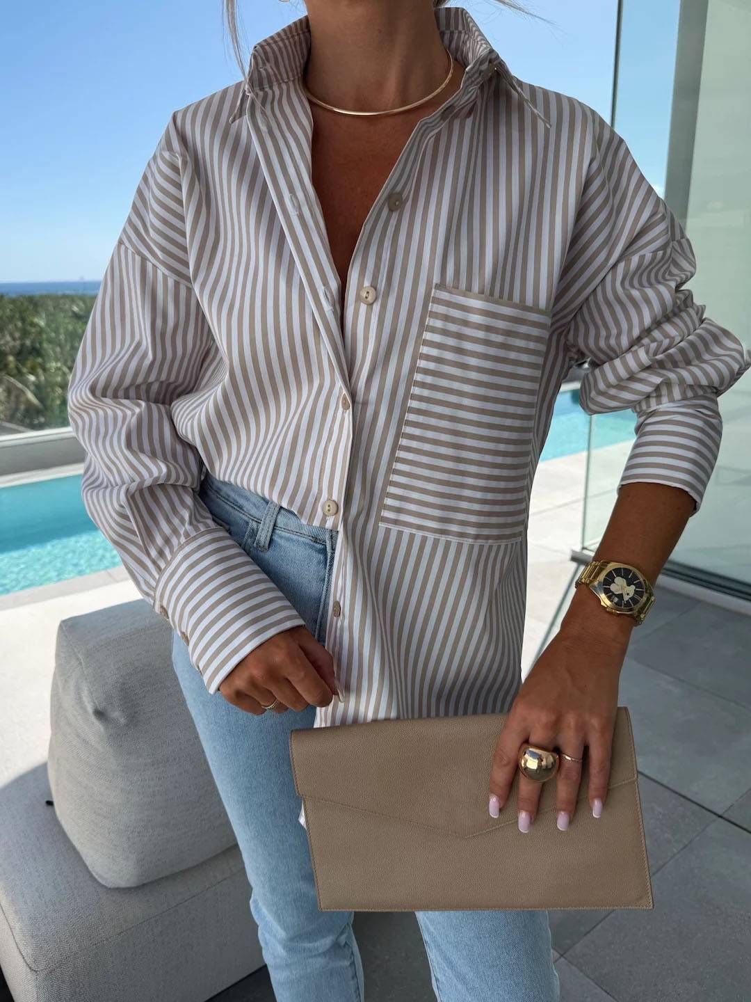 WW | Gestreifte Bluse Button-Up Shirt Kragen Lange Ärmel Frauen Elegant Maßgeschneidert Freizeit Übergrößen