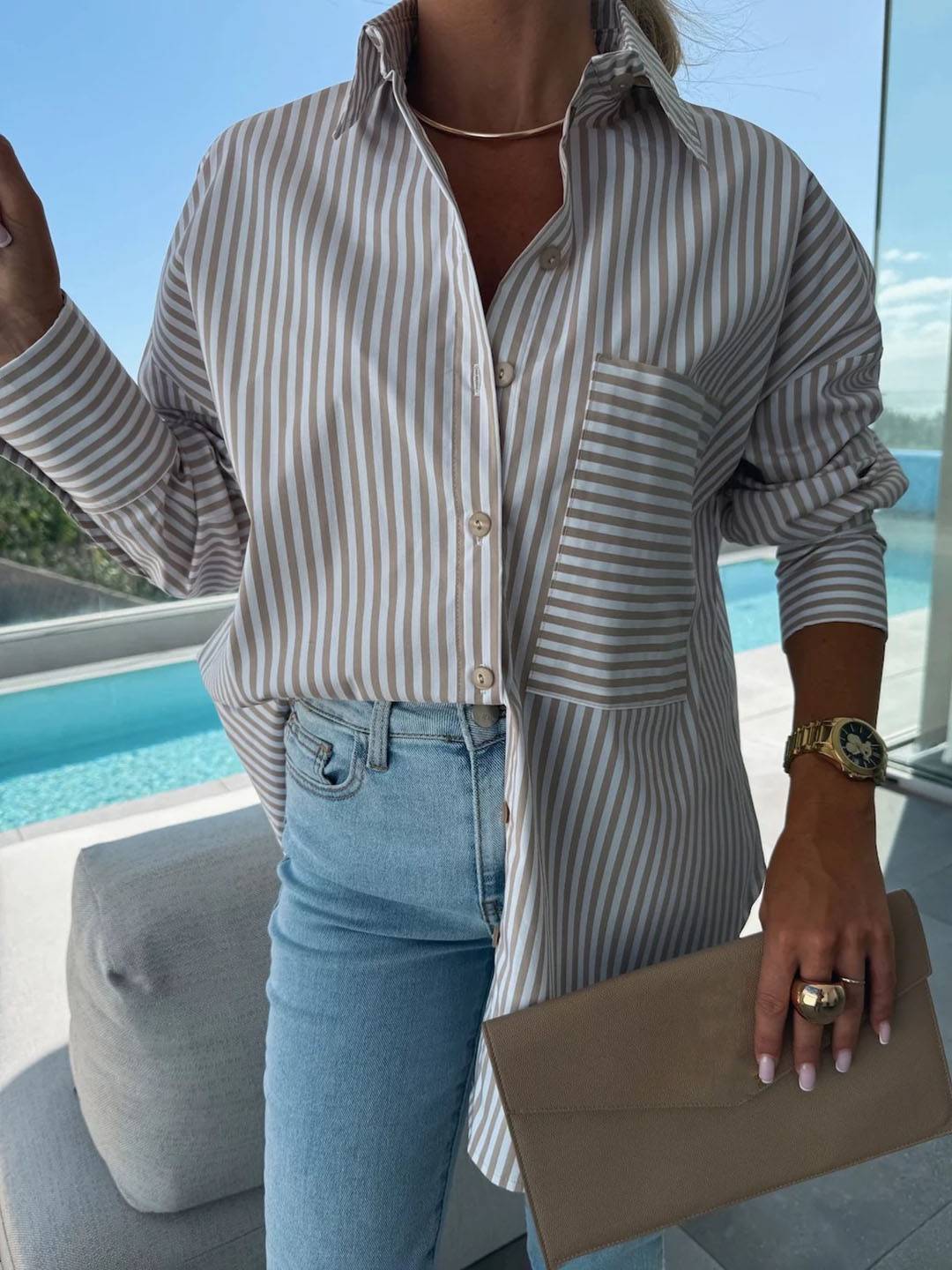 WW | Gestreifte Bluse Button-Up Shirt Kragen Lange Ärmel Frauen Elegant Maßgeschneidert Freizeit Übergrößen