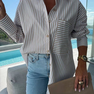 WW | Gestreifte Bluse Button-Up Shirt Kragen Lange Ärmel Frauen Elegant Maßgeschneidert Freizeit Übergrößen