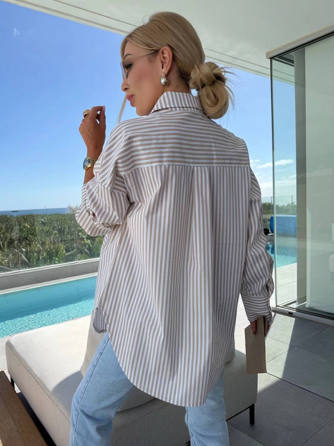 WW | Gestreifte Bluse Button-Up Shirt Kragen Lange Ärmel Frauen Elegant Maßgeschneidert Freizeit Übergrößen