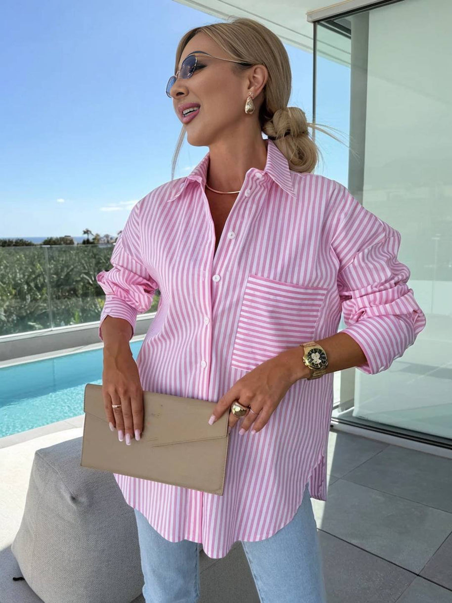 WW | Gestreifte Bluse Button-Up Shirt Kragen Lange Ärmel Frauen Elegant Maßgeschneidert Freizeit Übergrößen