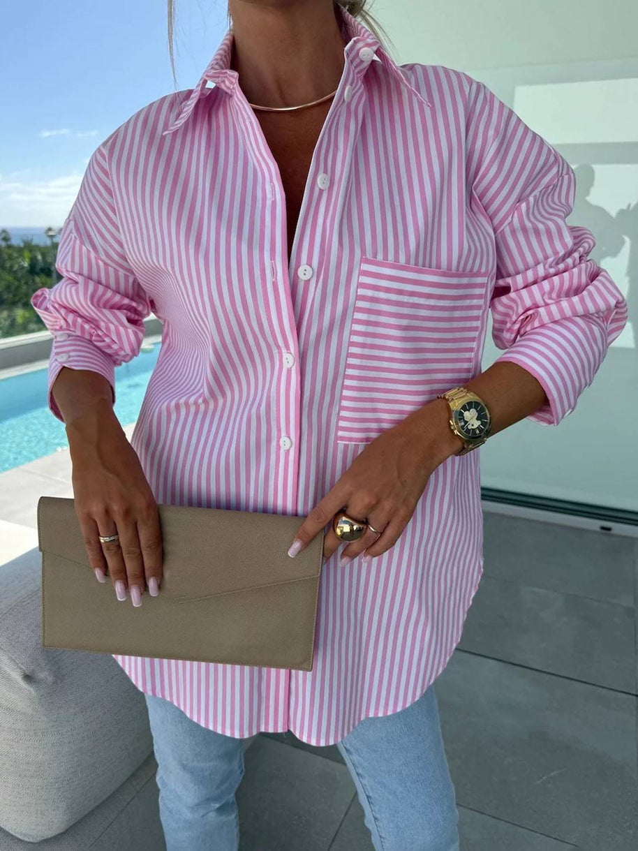 WW | Gestreifte Bluse Button-Up Shirt Kragen Lange Ärmel Frauen Elegant Maßgeschneidert Freizeit Übergrößen