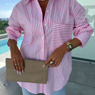 WW | Gestreifte Bluse Button-Up Shirt Kragen Lange Ärmel Frauen Elegant Maßgeschneidert Freizeit Übergrößen