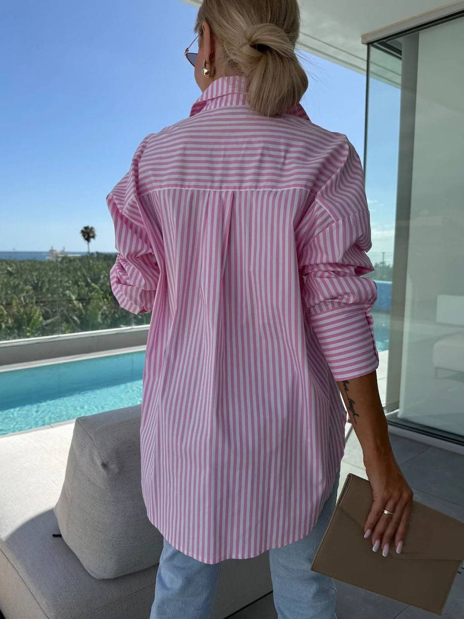 WW | Gestreifte Bluse Button-Up Shirt Kragen Lange Ärmel Frauen Elegant Maßgeschneidert Freizeit Übergrößen