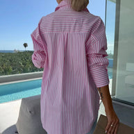 WW | Gestreifte Bluse Button-Up Shirt Kragen Lange Ärmel Frauen Elegant Maßgeschneidert Freizeit Übergrößen