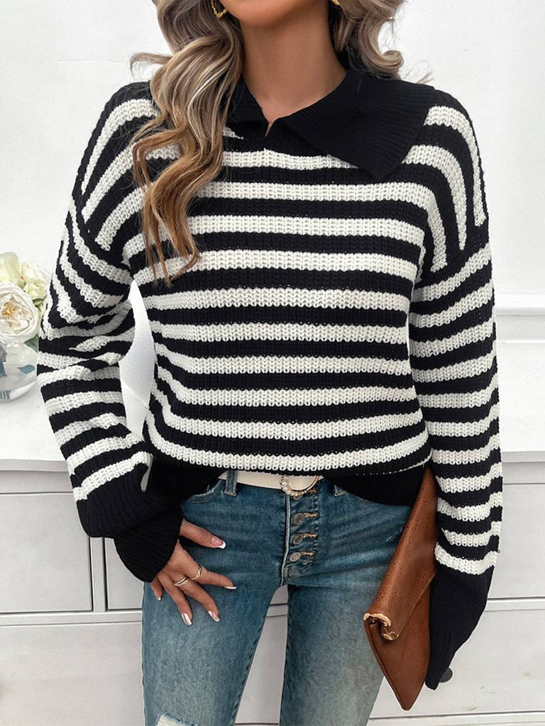 WW | Gestreifter Polo-Pullover mit Langen Ärmeln Damen Elegante Freizeitoberteile