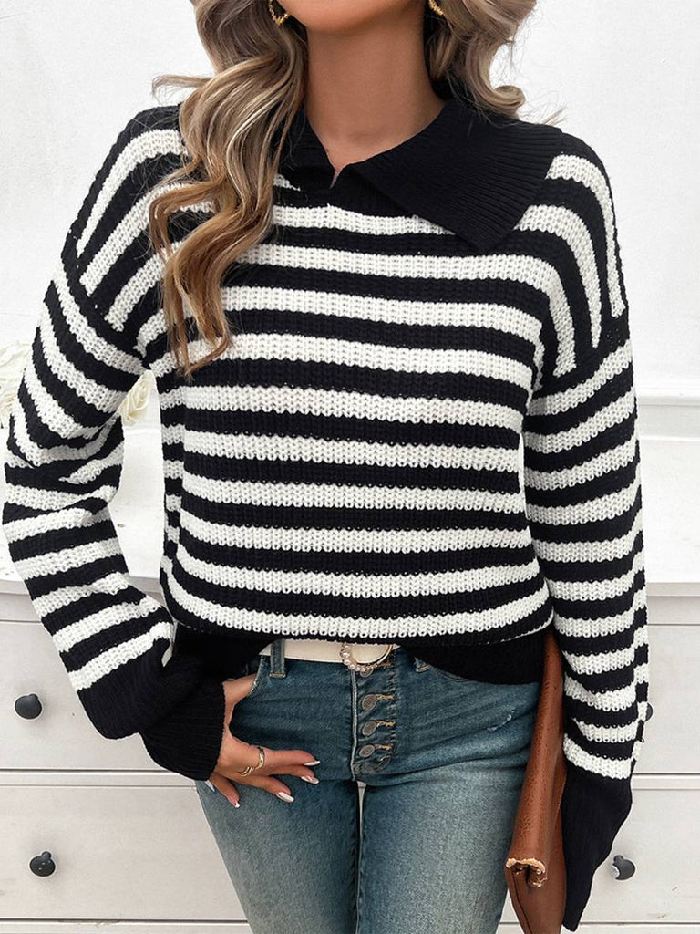 WW | Gestreifter Polo-Pullover mit Langen Ärmeln Damen Elegante Freizeitoberteile
