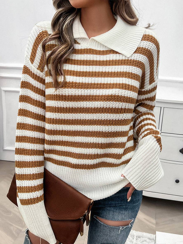 WW | Gestreifter Polo-Pullover mit Langen Ärmeln Damen Elegante Freizeitoberteile