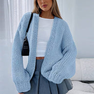 WW | Cardigan aus Grobstrick Einfarbig mit Abfallenden Schultern Langarm Damen Elegant Lässig Weit Oversized Blouson