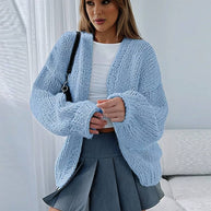 WW | Cardigan aus Grobstrick Einfarbig mit Abfallenden Schultern Langarm Damen Elegant Lässig Weit Oversized Blouson