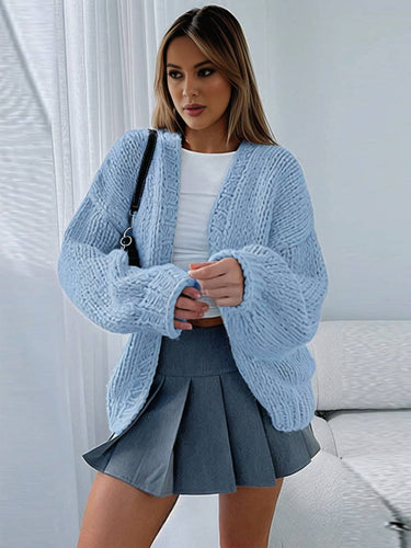 WW | Cardigan aus Grobstrick Einfarbig mit Abfallenden Schultern Langarm Damen Elegant Lässig Weit Oversized Blouson