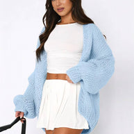 WW | Cardigan aus Grobstrick Einfarbig mit Abfallenden Schultern Langarm Damen Elegant Lässig Weit Oversized Blouson