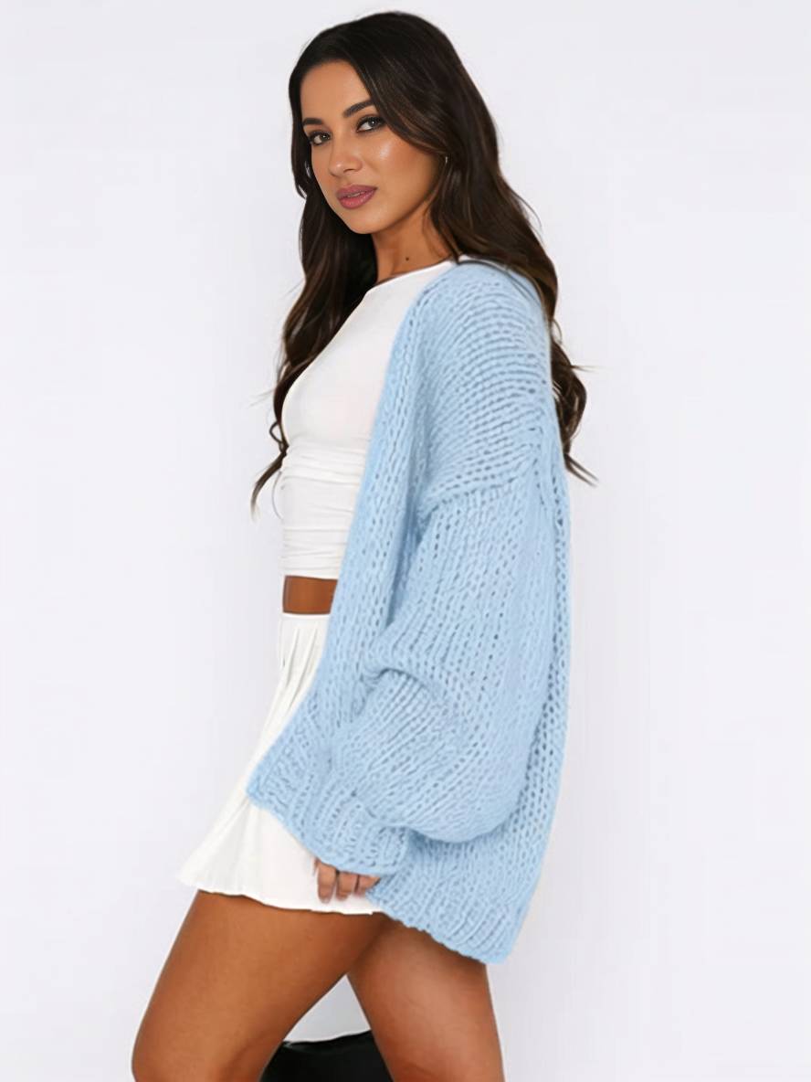 WW | Cardigan aus Grobstrick Einfarbig mit Abfallenden Schultern Langarm Damen Elegant Lässig Weit Oversized Blouson