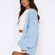 WW | Cardigan aus Grobstrick Einfarbig mit Abfallenden Schultern Langarm Damen Elegant Lässig Weit Oversized Blouson