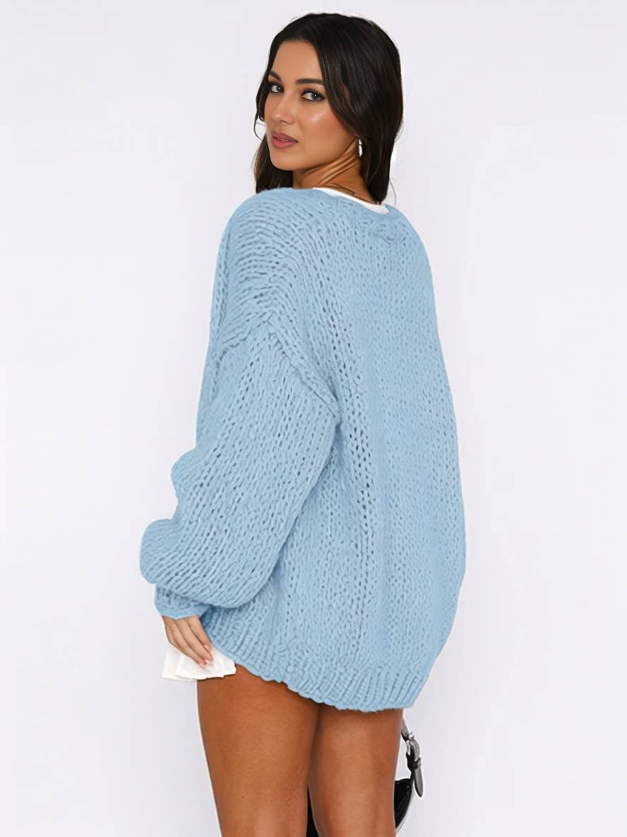 WW | Cardigan aus Grobstrick Einfarbig mit Abfallenden Schultern Langarm Damen Elegant Lässig Weit Oversized Blouson