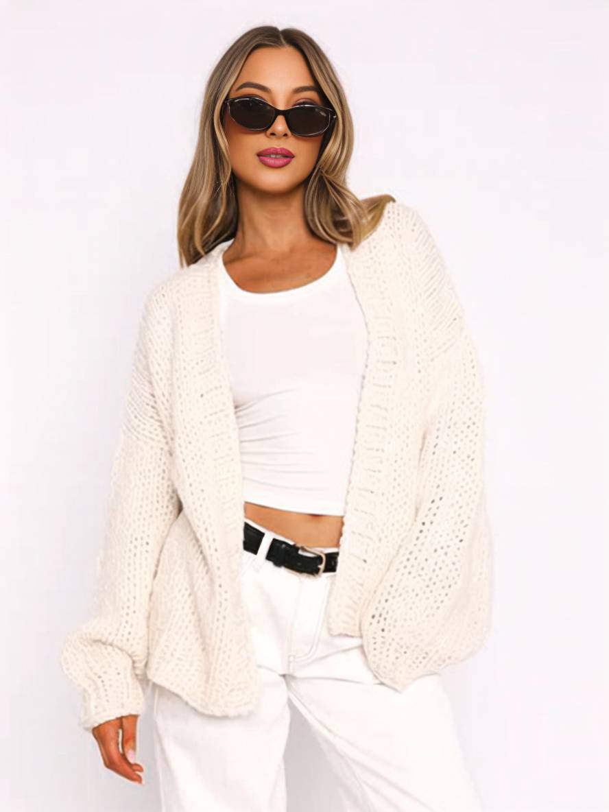 WW | Cardigan aus Grobstrick Einfarbig mit Abfallenden Schultern Langarm Damen Elegant Lässig Weit Oversized Blouson