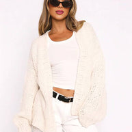 WW | Cardigan aus Grobstrick Einfarbig mit Abfallenden Schultern Langarm Damen Elegant Lässig Weit Oversized Blouson
