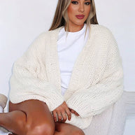 WW | Cardigan aus Grobstrick Einfarbig mit Abfallenden Schultern Langarm Damen Elegant Lässig Weit Oversized Blouson