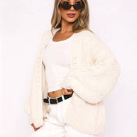 WW | Cardigan aus Grobstrick Einfarbig mit Abfallenden Schultern Langarm Damen Elegant Lässig Weit Oversized Blouson