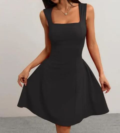 Damen A-Linien Kleid mit quadratischem Ausschnitt und schwingendem Rock WW