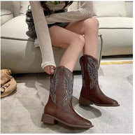 WW | Western Stil Stiefel Damen mit Spitzem Kopf und Blockabsatz, Cowboy Stiefel Damen