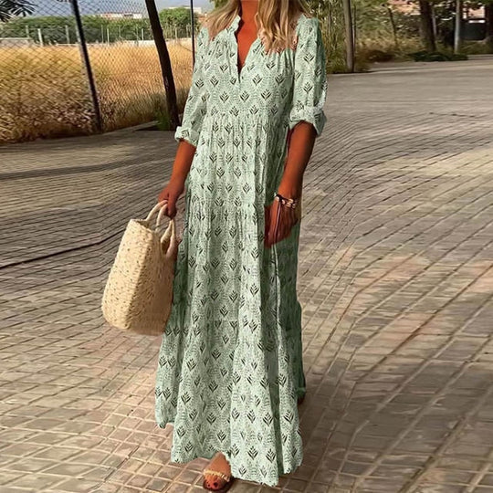W&W Mode | Gemustertes V-ausschnitt Boho Maxikleid Für Damen