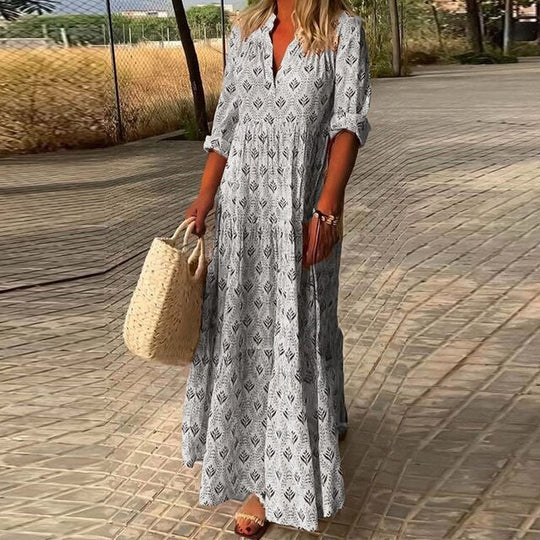 W&W Mode | Gemustertes V-ausschnitt Boho Maxikleid Für Damen