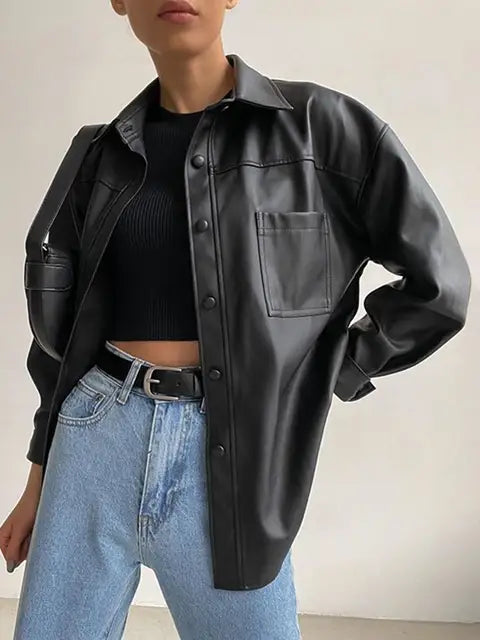 W&W Mode - Damen Kunstlederjacke mit langen Ärmeln