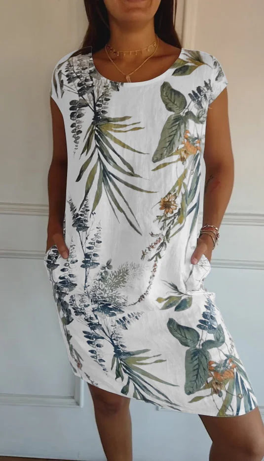 W&W Mode | Damenkleid aus Baumwolle und Leinen mit Rundhalsausschnitt