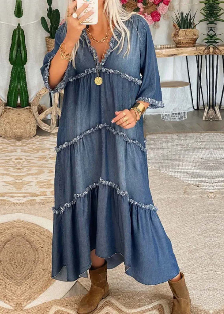 WW | Lange Denimkleid mit V-Ausschnitt, Patchwork und Pompons, Dreiviertelärmel, Maritimen Chic